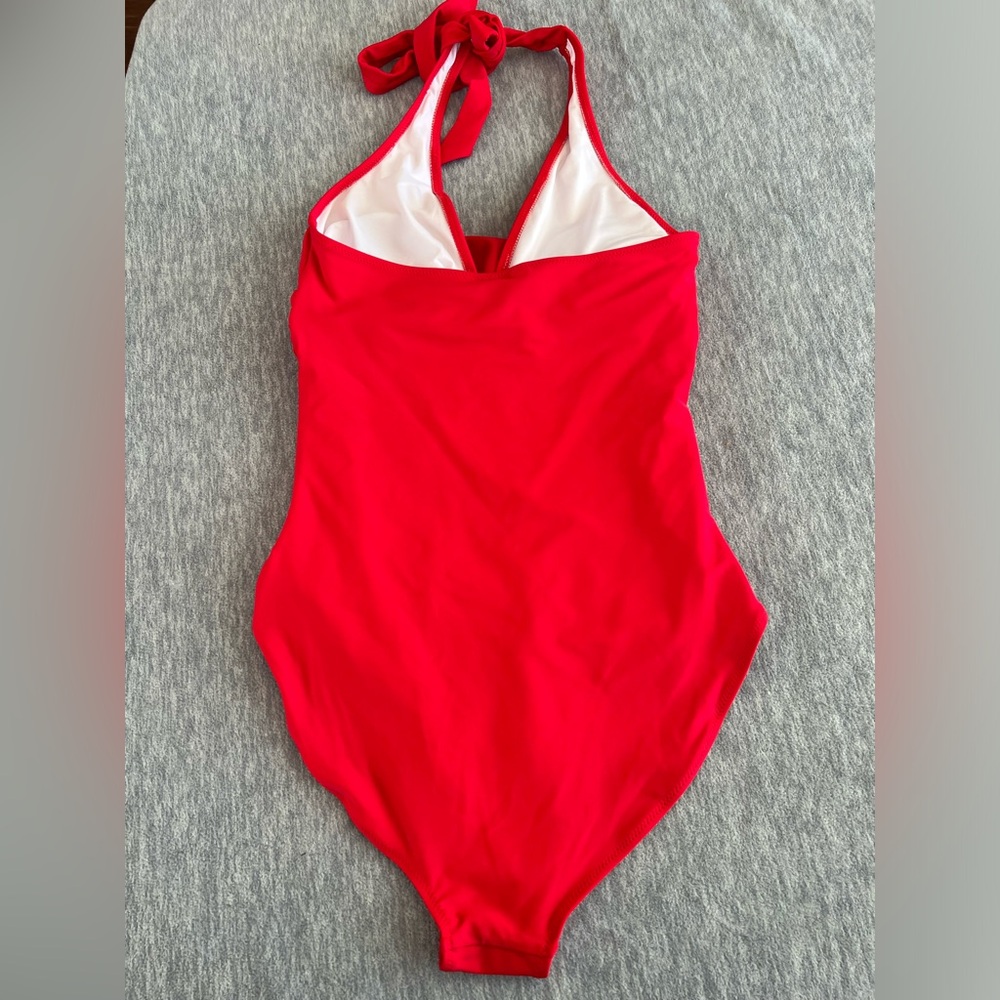 Swimsuit 1 piece red women S ruched halter tie pin up style swimwear summer new - Picture 2 of 7